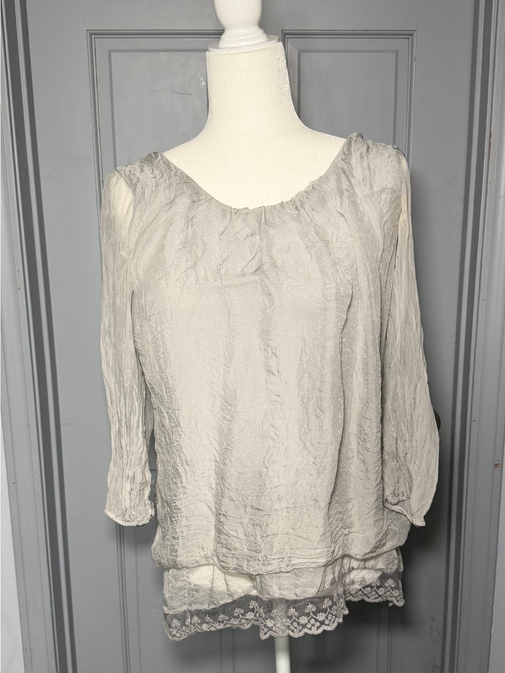 Prontomoda Giusy Silk Blouse XS Gray Ivory Lace Trim Sheer Boho Top